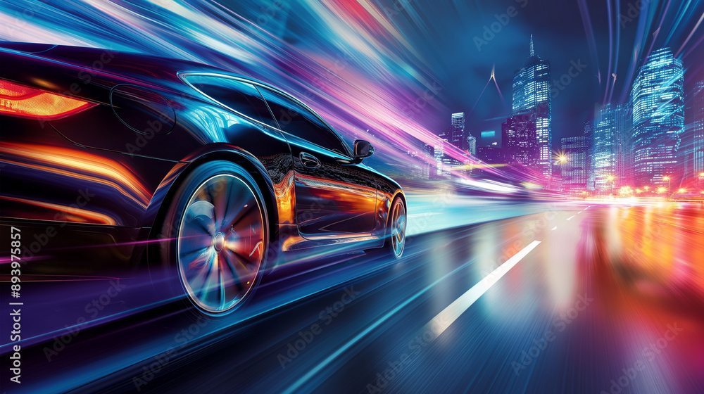 Dynamic sports car speeding through city at night, motion blur, illuminated by vibrant red and white lights, urban and automotive concept Dynamic sports car speeding through city at night, motion blur, illuminated by vibrant red and white lights, urban and automotive concept
