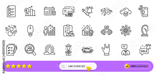 Winner podium, Clean bubbles and Calendar line icons for web app. Pack of Marketing strategy, Car, Promotion bell pictogram icons. Cloud computing, Vaccine announcement, Survey checklist signs. Vector