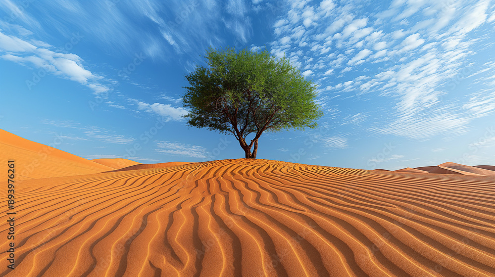 Lone tree on sand dune under clear blue sky, serene desert landscape, minimalistic nature photography, vibrant colors, environmental and conservation concept Lone tree on sand dune under clear blue sky, serene desert landscape, minimalistic nature photography, vibrant colors, environmental and conservation concept