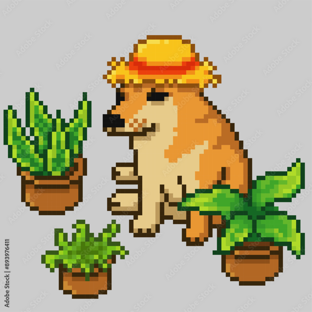 Obraz premium Dog plant lovers, pixel art meme