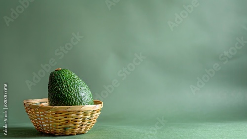 Ripe avocado resting in small wicker basket against green background
