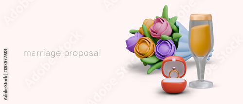 Marriage proposal concept in cute 3D style. Romantic poster, advertising services and goods