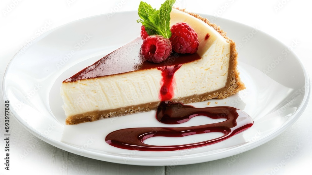 Creamy cheesecake topped with raspberries and mint on white plate Creamy cheesecake topped with raspberries and mint on white plate