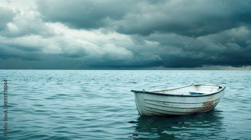 Empty, weathered rowboat floats in vast, calm sea under cloudy sky Empty, weathered rowboat floats in vast, calm sea under cloudy sky