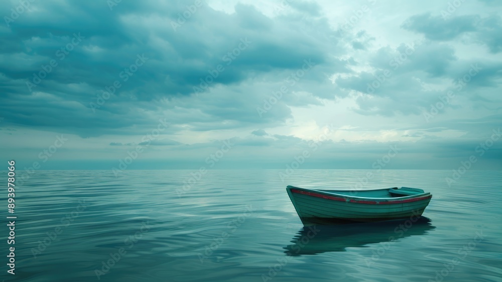Naklejka premium Solitary boat on calm waters under cloudy sky