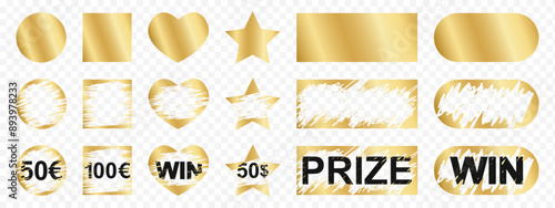 Set of gold scratch card surfaces with new and scraped textures and Win, Prize and money winning text. Collection of winner lotteries, sale coupons, jackpot scratchcards templates. Vector illustration