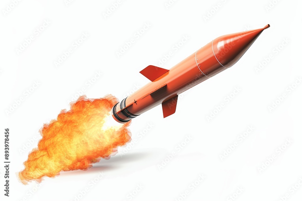 Missile rocket with blazing fire trail isolated on white background ...