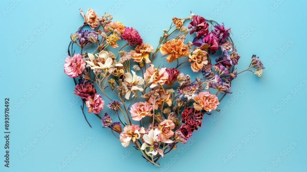 Heart-shaped dried flowers on a colored backdrop Heart-shaped dried flowers on a colored backdrop