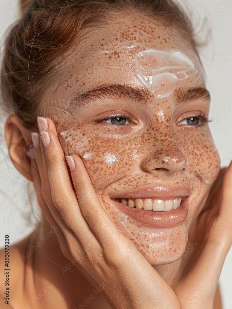 A young female model with natural freckles, applying a face mask, showcasing skincare products. A young female model with natural freckles, applying a face mask, showcasing skincare products.
