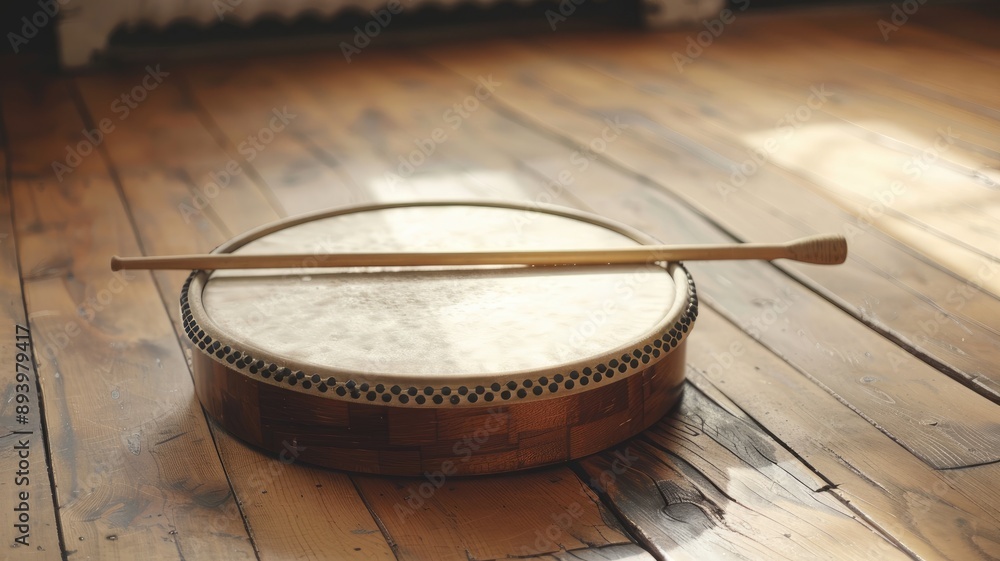 Traditional drum with stick on wooden floor Traditional drum with stick on wooden floor