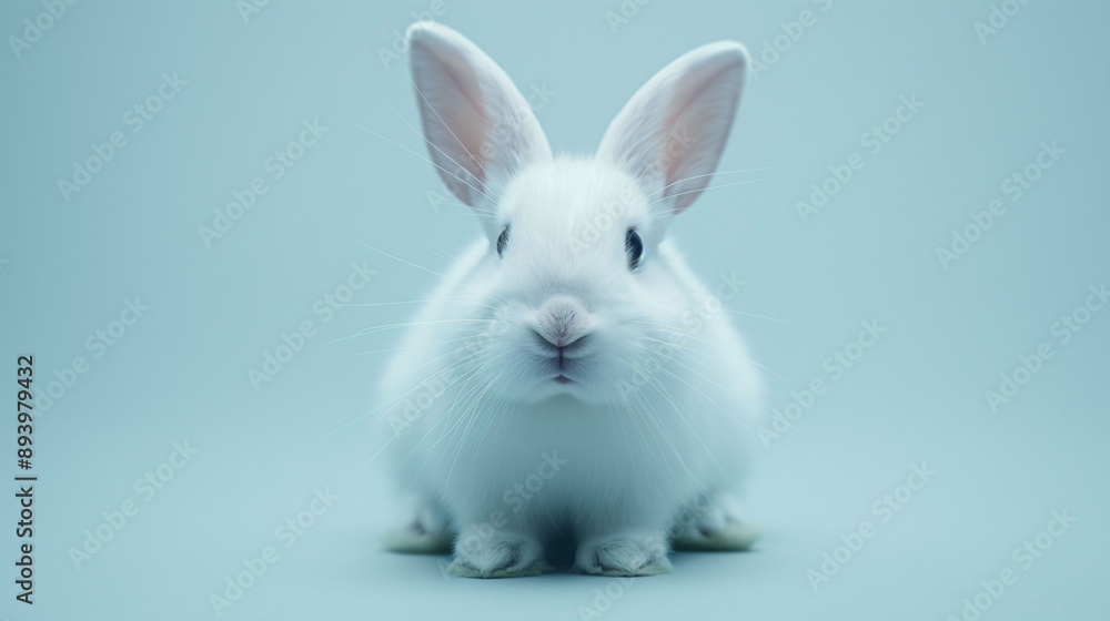A close up portrait of a white rabbit against a light blue background. The mood is calm and adorable, suitable for themes of pets, animal welfare, and cuteness. A close up portrait of a white rabbit against a light blue background. The mood is calm and adorable, suitable for themes of pets, animal welfare, and cuteness.