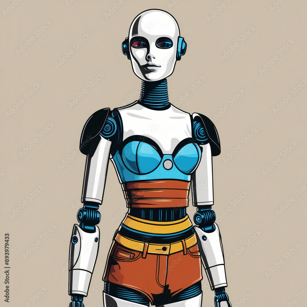 Cartoon style mannequin dressed as a cyborg in front of a neutral background Cartoon style mannequin dressed as a cyborg in front of a neutral background