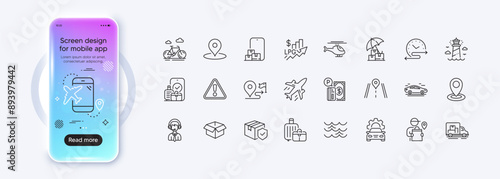 Time schedule, Parking payment and Car service line icons for web app. Phone mockup gradient screen. Pack of Baggage, Plane, Helicopter pictogram icons. Vector