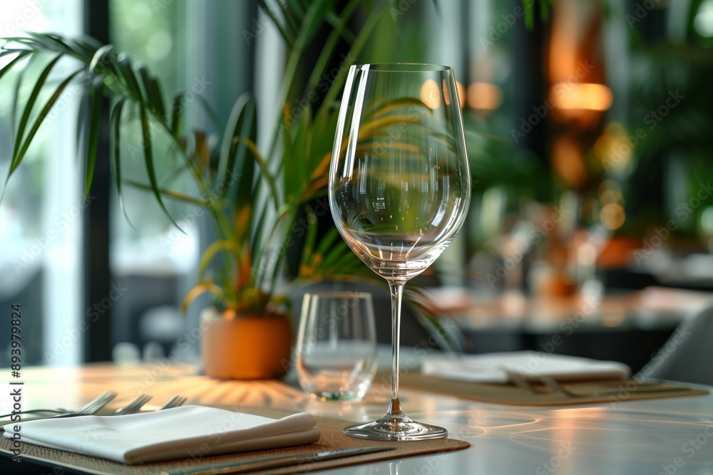 Modern Restaurant Table Setting with Wine Glass and Plant Modern Restaurant Table Setting with Wine Glass and Plant