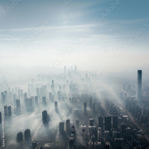 A city skyline is shown with a hazy, foggy atmosphere