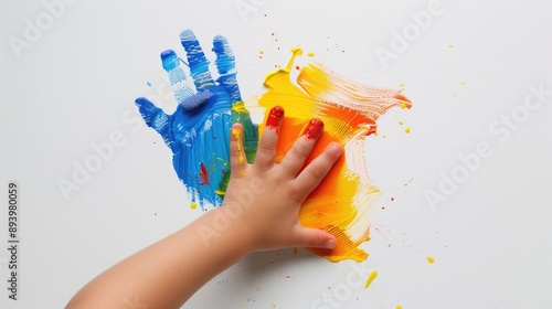 Child s hand painting with potato stamps on white background variety of colors copy space photo