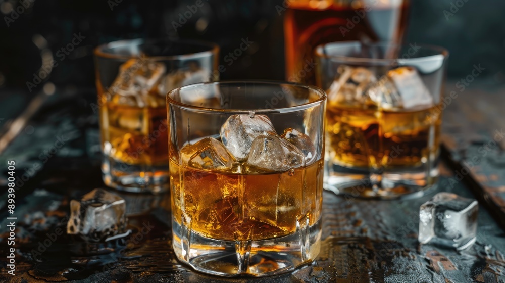 Three glasses of whiskey with ice placed on a vintage table against a black backdrop Three glasses of whiskey with ice placed on a vintage table against a black backdrop