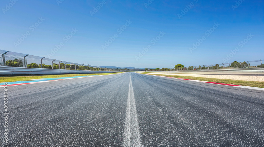 Fototapeta premium Empty Racing Track with Clear Sky, Motorsport Circuit, F1 Grand Prix Track, High-Speed Racing Venue, Clean Asphalt, Racing Event Preparation