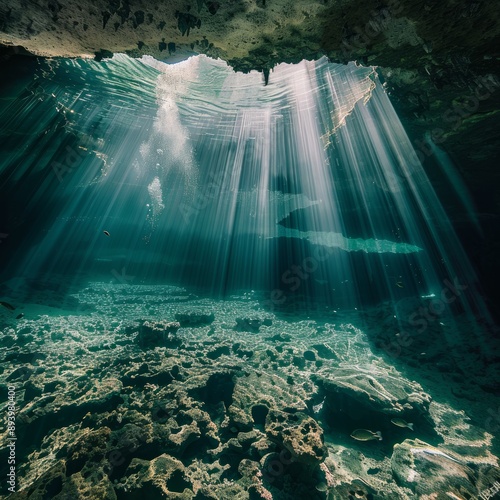 A deep blue ocean with sunlight shining through the water photo