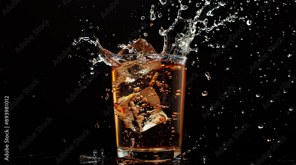 Glass of Splashed Alcohol Drink with Ice Cube, Isolated on Black Background, Refreshing Beverage Concept, Liquor Splash, High-Speed Photography Glass of Splashed Alcohol Drink with Ice Cube, Isolated on Black Background, Refreshing Beverage Concept, Liquor Splash, High-Speed Photography