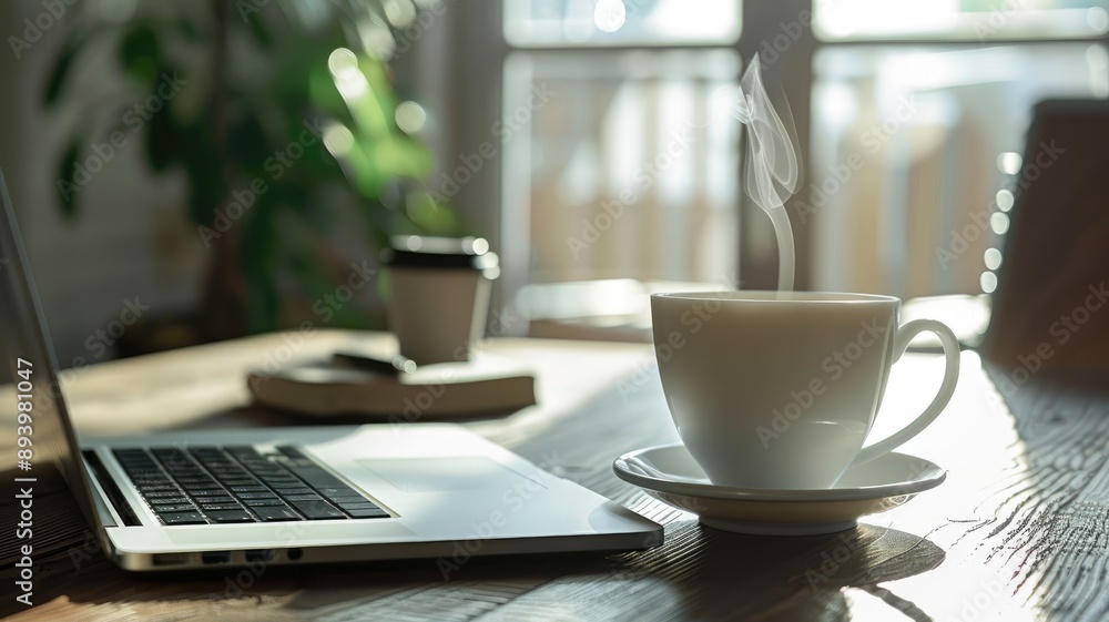 Steaming cup of coffee on desk with laptop in sunny room Steaming cup of coffee on desk with laptop in sunny room