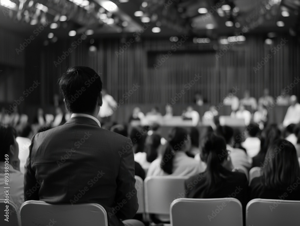 Fototapeta premium Man in a suit looking at the audience during a seminar.
