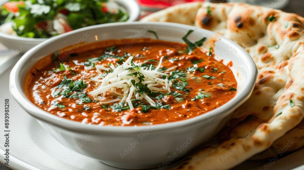 A delicious and hearty Indian chili curry served with fresh naan bread on a plate, accompanied by a vibrant salad for a balanced meal. A delicious and hearty Indian chili curry served with fresh naan bread on a plate, accompanied by a vibrant salad for a balanced meal.