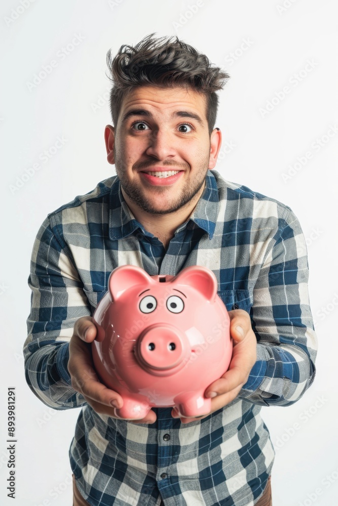 Young man holding a pink piggy bank, laughing and looking at the camera, suggesting he is happy about his financial habits or goals. Young man holding a pink piggy bank, laughing and looking at the camera, suggesting he is happy about his financial habits or goals.