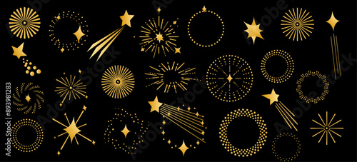 Crazy shaped stars, festive frames, shiny golden fireworks. Cute holiday design elements for the design of cards, posters, brochures, banners.