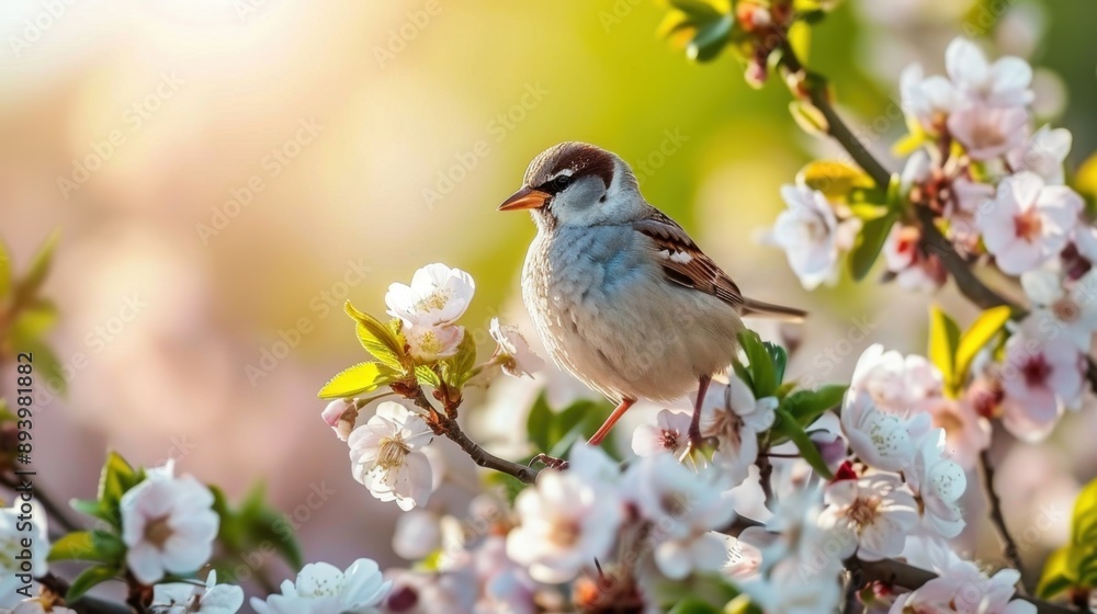 Fototapeta premium A small bird perched on pink cherry blossoms, enjoying the sweetness of spring.
