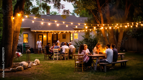 Cozy Backyard Evening Party with Family and Friends Enjoying Dinner Under String Lights photo