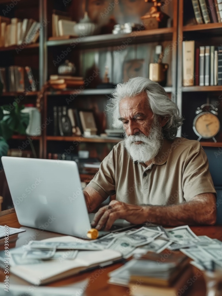 Older man with a white beard working on his laptop, surrounded by papers and money, indicating financial or professional work from home. The office setting is decorated with books. Older man with a white beard working on his laptop, surrounded by papers and money, indicating financial or professional work from home. The office setting is decorated with books.