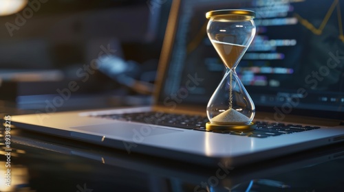 A digital clock on a laptop, suggesting timed tasks or deadlines in the tech industry.