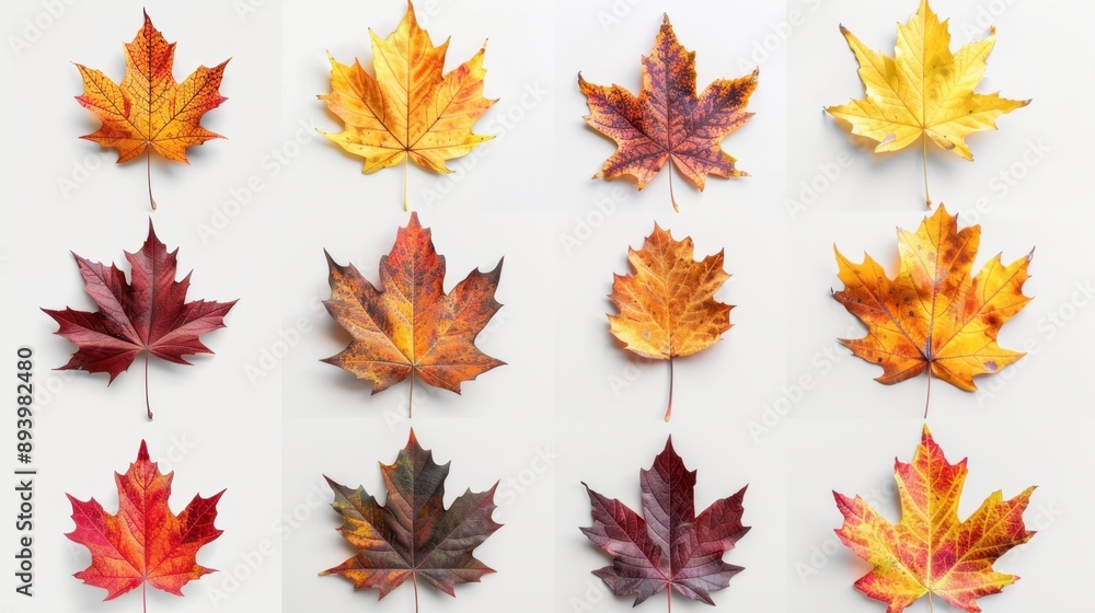 A collection of autumn maple leaves in various colors, ideal for seasonal decoration or as a background image. A collection of autumn maple leaves in various colors, ideal for seasonal decoration or as a background image.