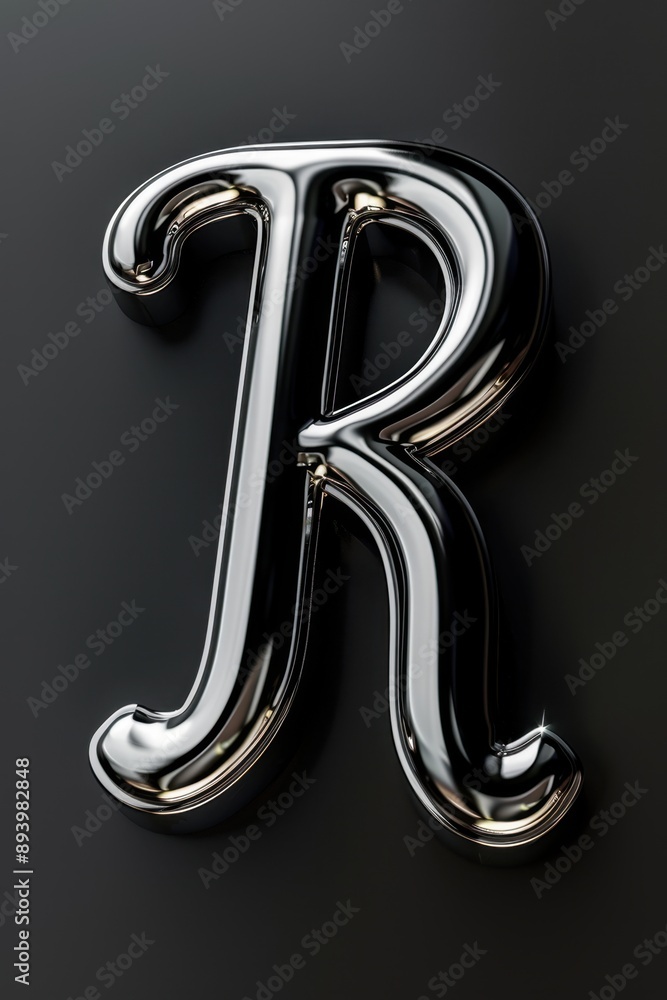 A shiny metallic R in a reflective finish on a dark background. A shiny metallic R in a reflective finish on a dark background.
