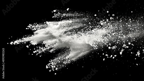 Salt or Sugar Splashes Explosion on Isolated Black Background, Fine Particles Burst, Granular Substance Spray, Powdery Substance Eruption, Abstract Splash Effect, High-Speed Particle Impact