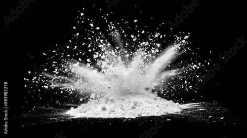 Salt or Sugar Splashes Explosion on Isolated Black Background, Fine Particles Burst, Granular Substance Spray, Powdery Substance Eruption, Abstract Splash Effect, High-Speed Particle Impact