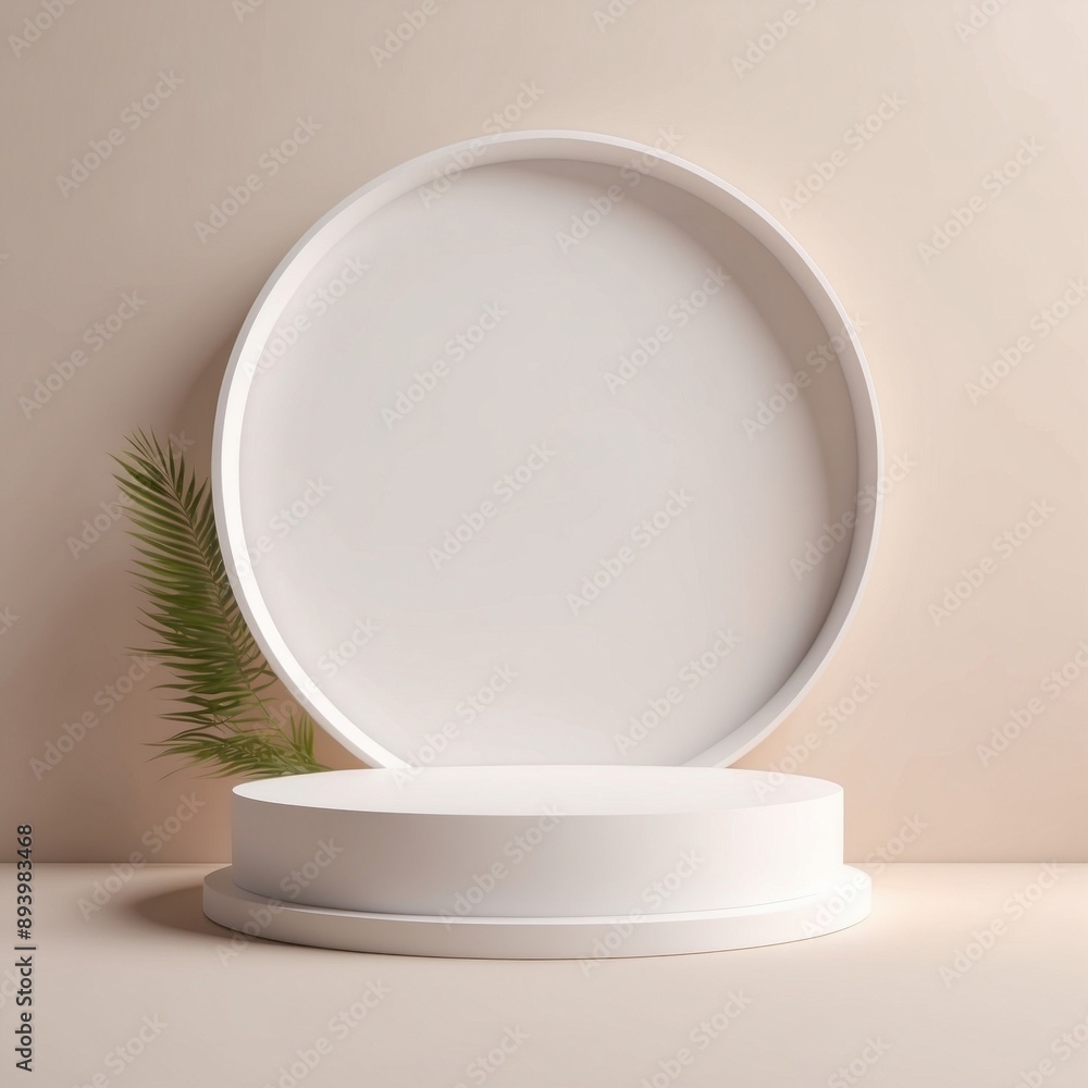 3d abstract background with marble pedestal. Round frosted glass frame with plumber's sheets. Minimalistic realistic image of an empty podium to showcase cosmetics products 3d abstract background with marble pedestal. Round frosted glass frame with plumber's sheets. Minimalistic realistic image of an empty podium to showcase cosmetics products