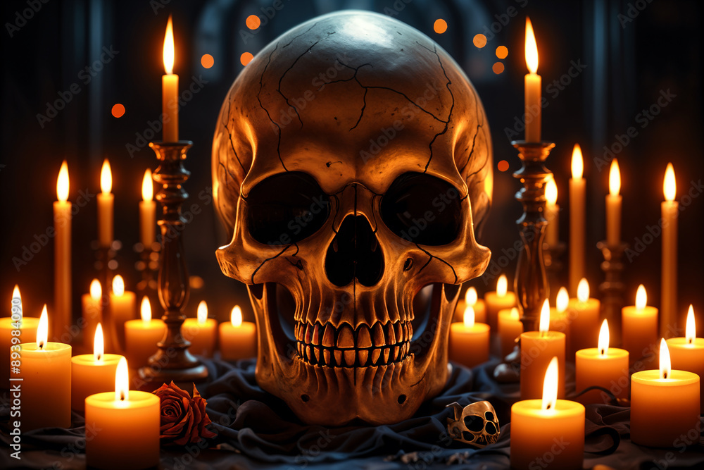 Large skull with glowing eyes, surrounded by numerous lit candles on a table. Large skull with glowing eyes, surrounded by numerous lit candles on a table.