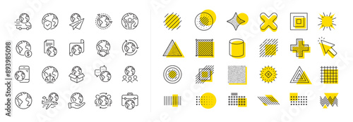 Global law, translate language, Outsource business. Design shape elements. World business line icons. International organization, financial transactions, world map icons. Vector