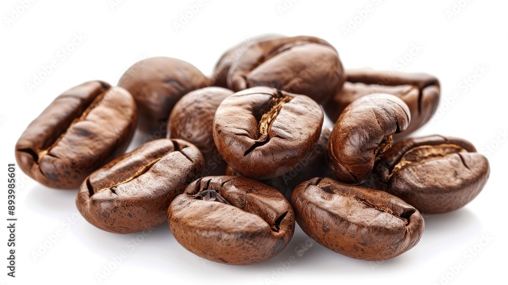 Roasted coffee beans isolated on white background in close up Roasted coffee beans isolated on white background in close up