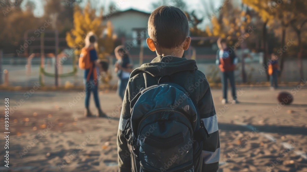 Obraz premium The little boy stands apart from the children and feels lonely and scared. A boy with a backpack is standing in a park. There are other people in the background, some of them carrying backpacks