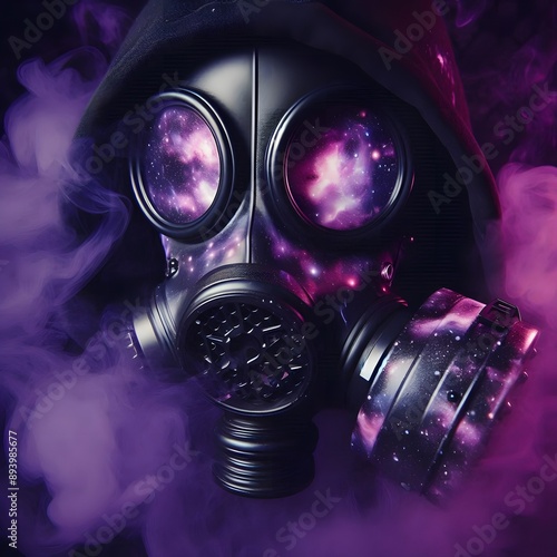 Cyberpunk black gas mask with neon pink highlights, surrounded by purple smoke.