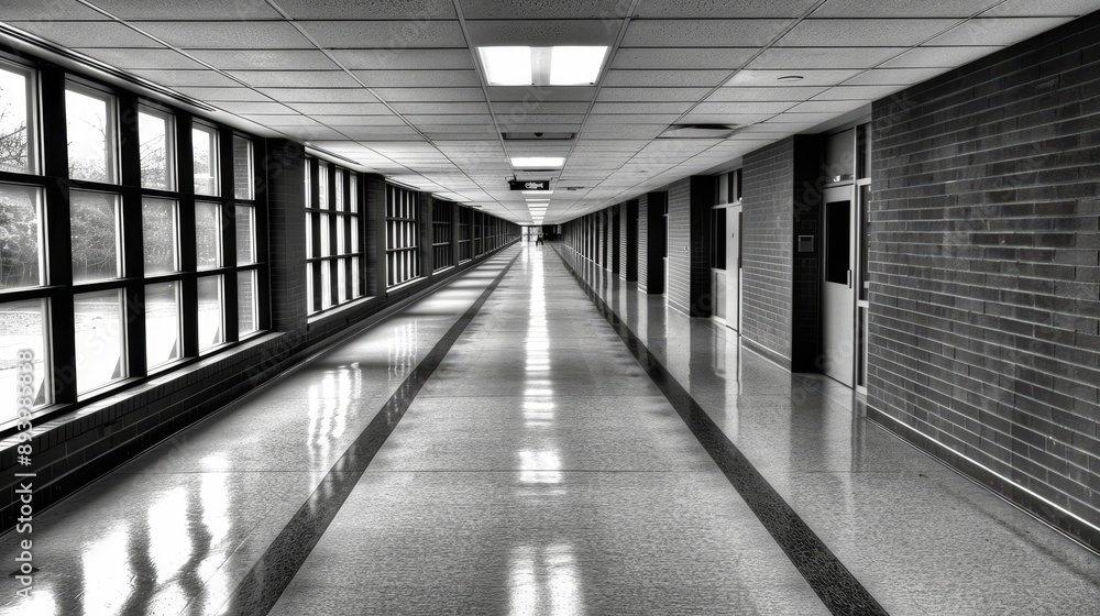 A long hallway with a white floor and a white ceiling. The hallway is empty and the light is on A long hallway with a white floor and a white ceiling. The hallway is empty and the light is on