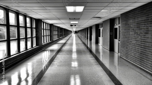 A long hallway with a white floor and a white ceiling. The hallway is empty and the light is on