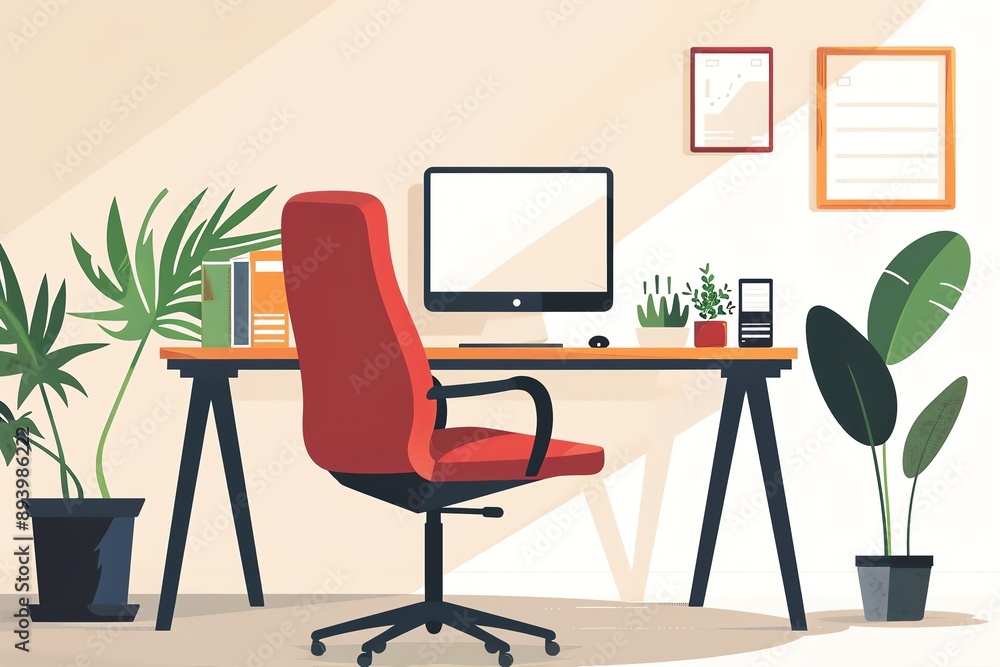 Modern home office workspace with computer, plants, and desk. Modern home office workspace with computer, plants, and desk.