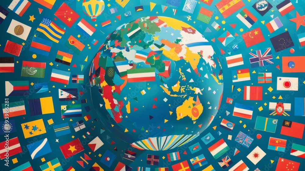 Fototapeta premium A colorful globe with flags from many countries on it