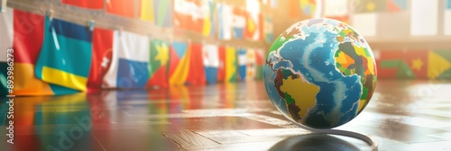 A globe is sitting on a wooden floor in front of a wall of flags. The flags are of different colors and sizes, and they are arranged in a way that creates a sense of movement and energy photo