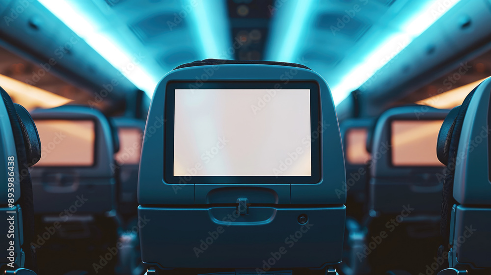 Fototapeta premium back of an airplane seat with a screen in front, displaying empty white space available for advertising