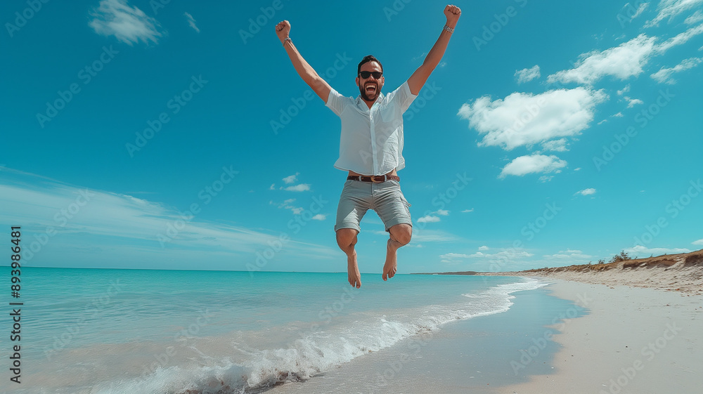 happy woman jumping on the beach happy woman jumping on the beach